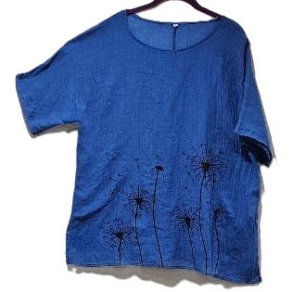ROYAL BLUE W BLACK FLORAL PRINTED GAUZE TUNIC  2X  SUMMER TEE DANDELION NATURE